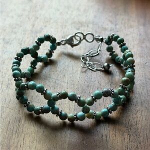 Floral Sterling Silver Blue Green Turquoise Bead Bracelet. 7 Inch
